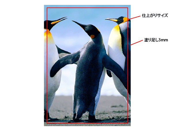 ご入稿データには仕上がりサイズより、周囲3mmの塗り足しが必要です。