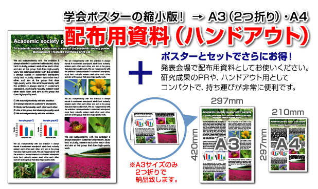 ポスター発表の際やシンポジウム等を含めたその後の交流にも役立つ、配布用資料・ハンドアウトを印刷します。ポスターの縮小版です。